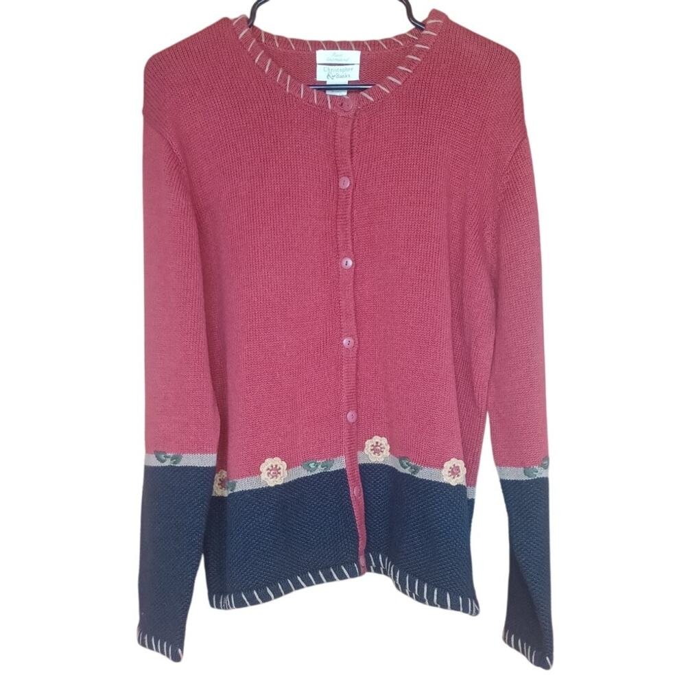 Christopher & Banks Cardigan Womens Large Burgundy Blue Hand Embroidered Flowers